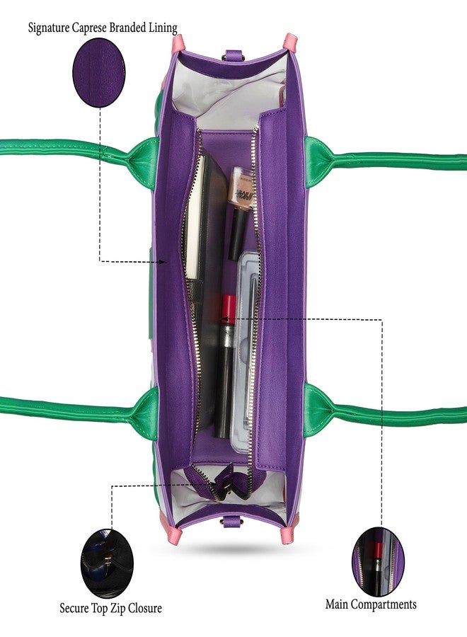 كابريس حقيبة كابريس مادونا الكبيرة لحمل الكمبيوتر المحمول | حقيبة يد شفافة نابضة بالحياة مع حزام كتف قابل للتعديل والفصل، وإغلاق بسحاب آمن | حقيبة كتف | مثالية للاستخدام المكتبي واليومي (أخضر وبنفسجي) - Image 4